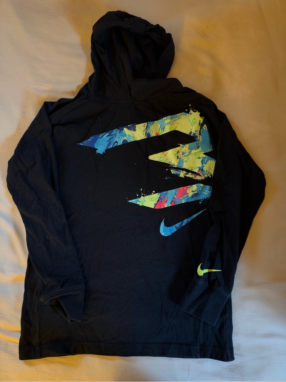 Nike Black Long Sleeve Hoodie with Neon Multicolor Swoosh Graphic